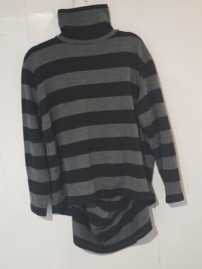 Unique Striped Turtleneck Sweater - Black & Gray, Open Draped Back.